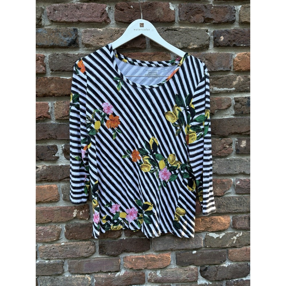 Investments Essentials‎ Petites  Size L  3/4 Sleeve Blouse Top lemons stripes - Picture 4 of 9
